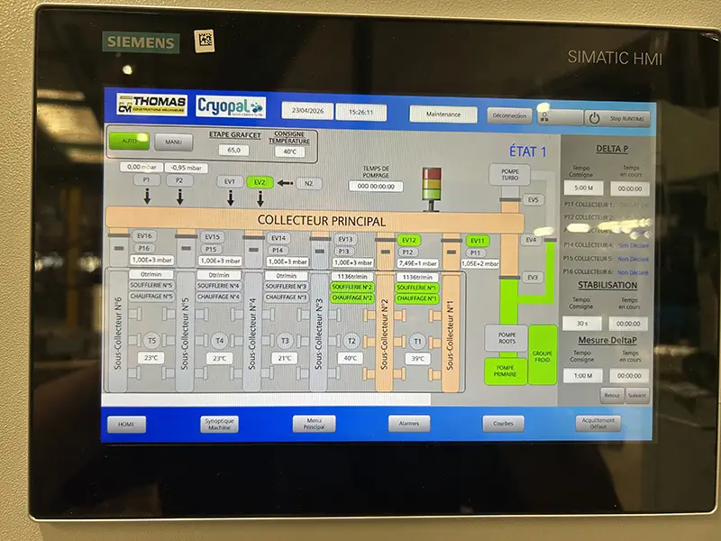 Synoptique machine sur écran tactile Siemens SIMATIC HMI – pilotage automatisé du groupe de pompage sous vide par TCM pour Cryopal